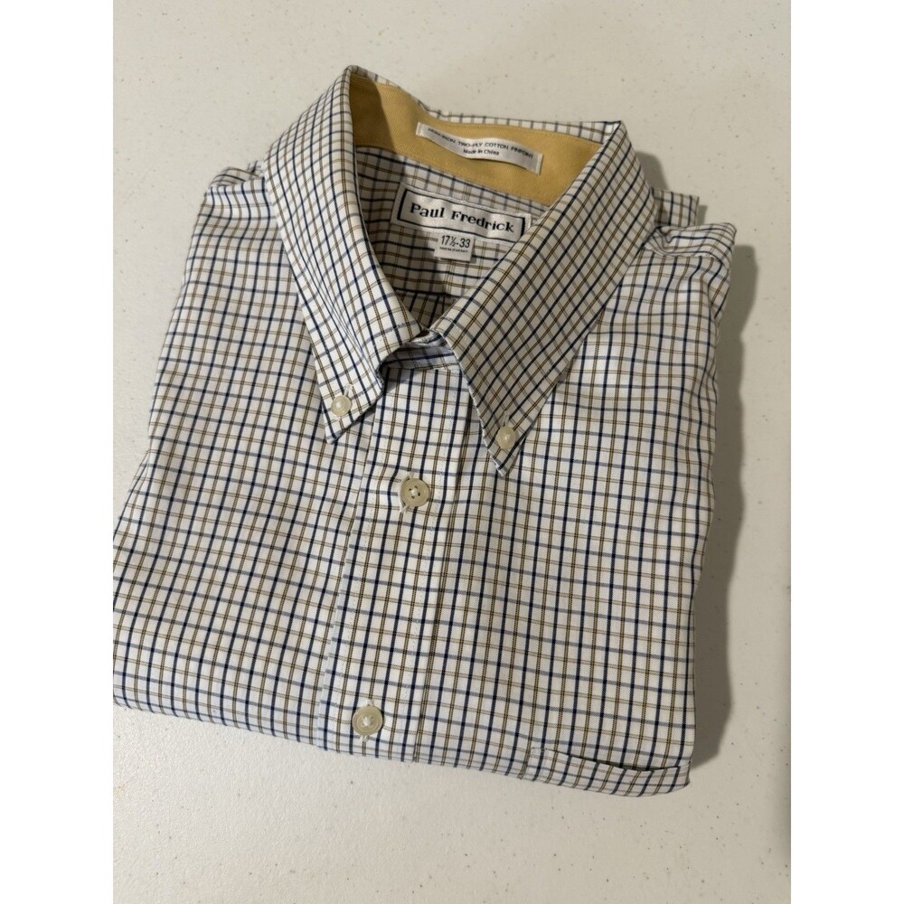Paul Fredrick Mens Non Iron Dress Shirt 17.5 33 Blue Tan Check 100% Cotton
